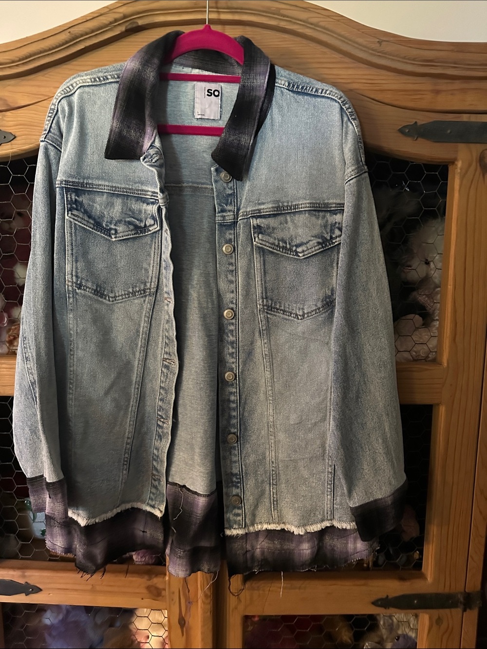 SO Light Wash Denim Jacket with Black and Purple Ombre Trim